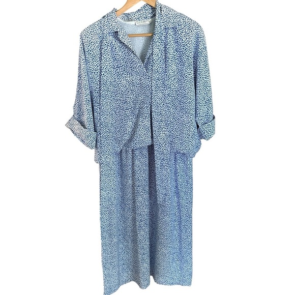Vintage Liz Roberts Womens Blue White Polka Dot Tie Neck Dress Size 14 Retro 80s - Picture 4 of 11